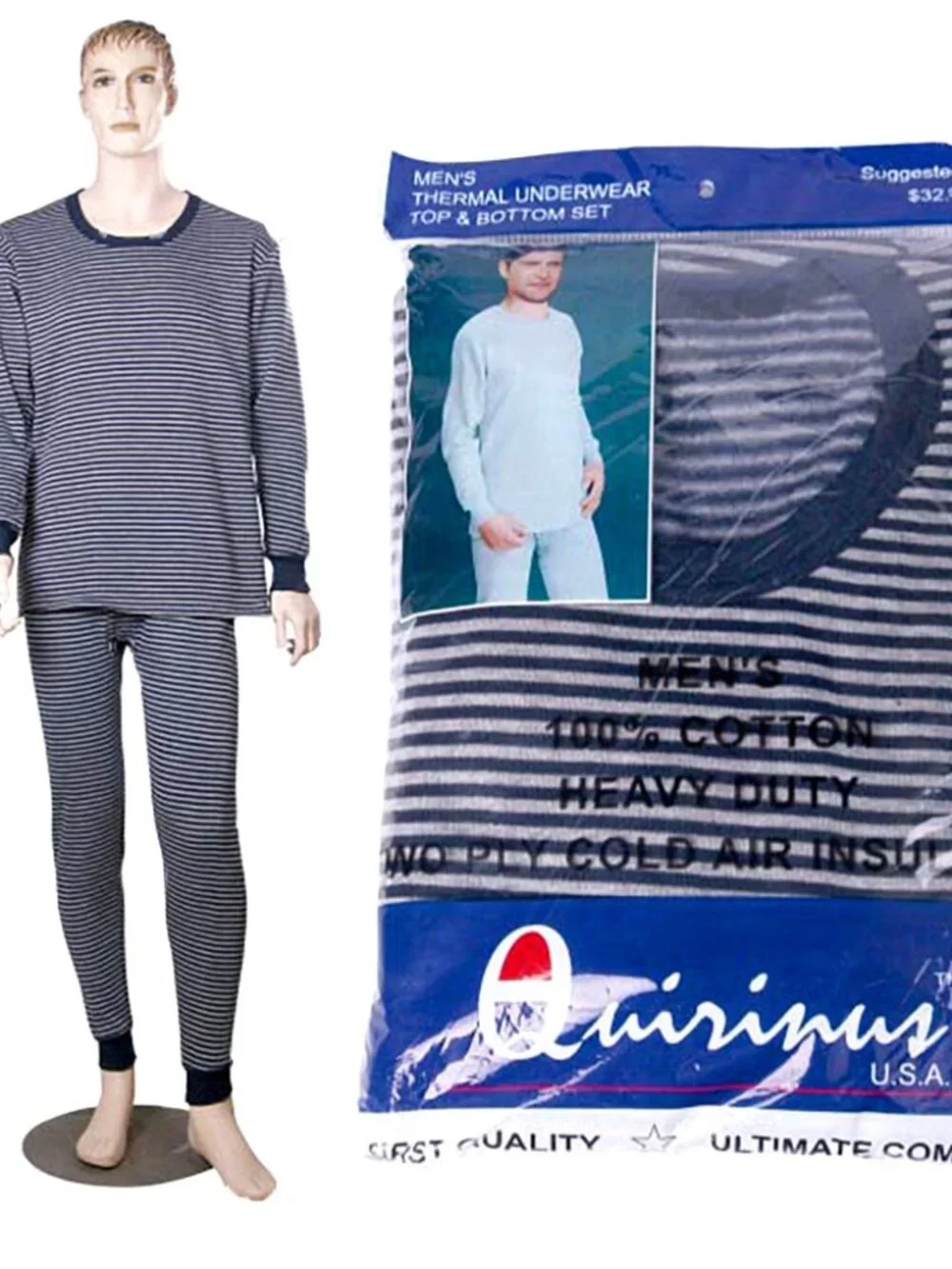 Men's Heavy Duty Stripe Cotton Thermal Underwear Set – Long Johns Top & Bottom